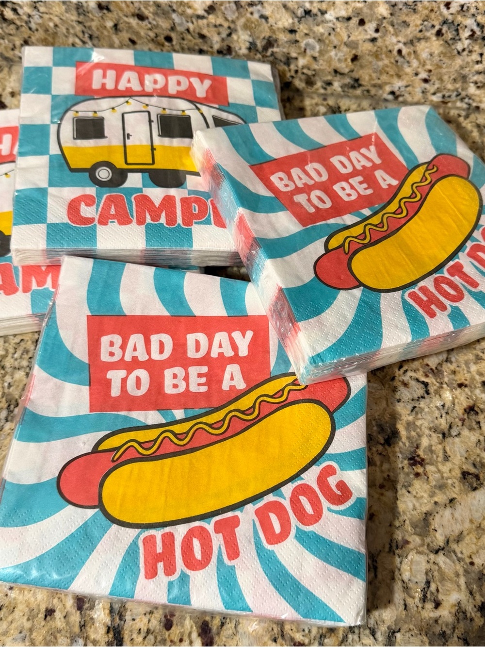 Amazon Camp & Hot Dog Themed Paper Napkins - Blue, Yellow, Red